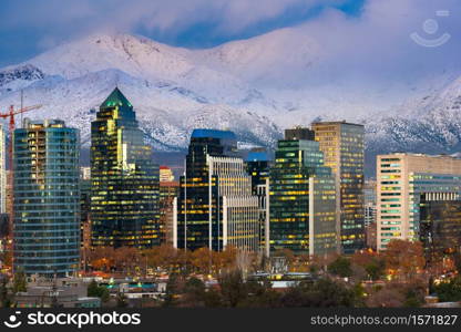 Office buildings at the Financial district with Los Andes Mountains in the back, Las Condes, Santiago de Chile