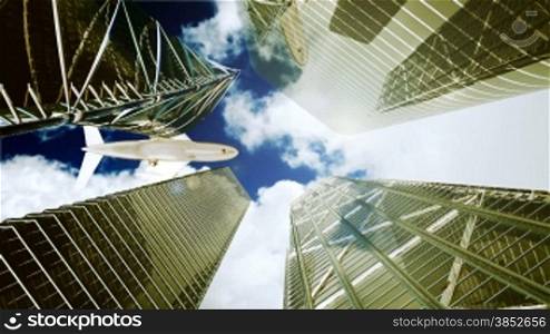 Office buildings,timelapse clouds and aircraft flying