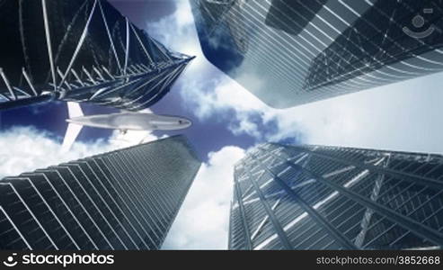 Office buildings with timelapse clouds and aircraft flying, Alpha Channel