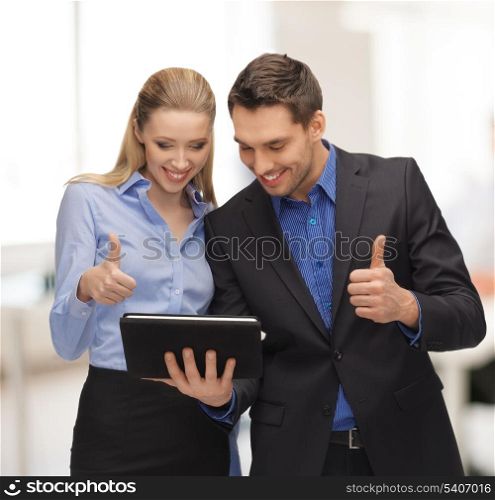 office, buisness, education, technology concept - man and woman with tablet pc