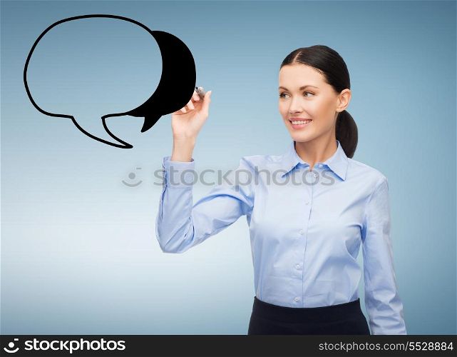 office, business and future technology concept - businesswoman drawing text bubble in the air with marker
