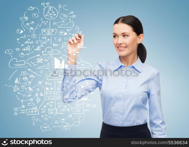 office, business and new technology concept - businesswoman writing plan in the air with marker