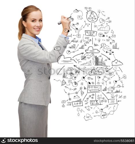 office, business and new technology concept - smiling businesswoman drawing big plan with marker