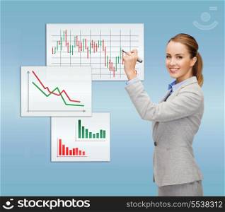 office, business and new technology concept - smiling businesswoman drawing forex chart in the air with marker