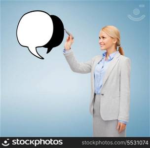 office, business and new technology concept - smiling businesswoman drawing text bubble on virtual screen
