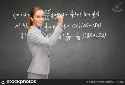 office, business and new technology concept - smiling businesswoman writing formula on concrete wall with marker