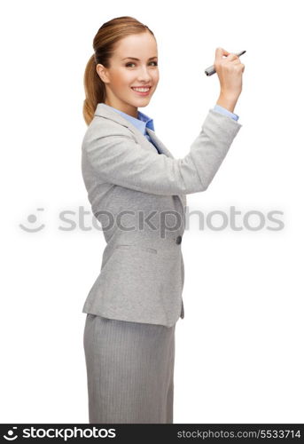 office, business and new technology concept - smiling businesswoman writing something in the air with marker