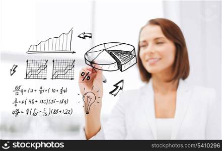 office, business, economics, finances and technology concept - smiling businesswoman writing chart on virtual screen