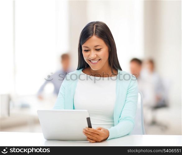 office, business, education, technology and internet concept - businesswoman or student with tablet pc
