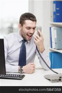 office, business, education, technology and internet concept - screaming businessman or student with computer and phone at office