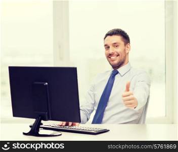 office, business, education, technology and internet concept - smiling businessman or student with computer showing thumbs up gesture