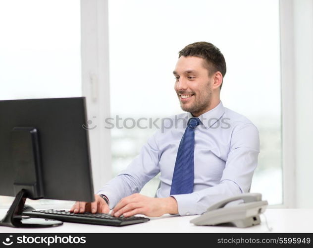 office, business, education, technology and internet concept - smiling businessman or student with computer