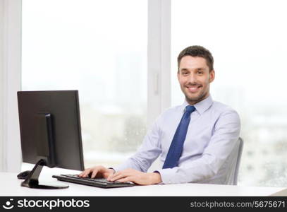 office, business, education, technology and internet concept - smiling businessman or student with computer