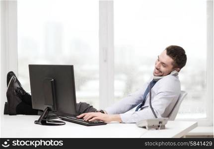 office, business, education, technology and internet concept - smiling businessman or student with computer and phone