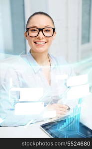 office, business, education, technology and internet concept - smiling businesswoman in eyeglasses with tablet pc in office