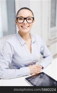 office, business, education, technology and internet concept - smiling businesswoman in eyeglasses with tablet pc in office