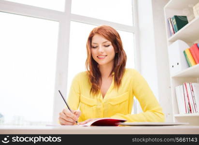 office, business, education, technology and internet concept - smiling businesswoman or student with tablet pc