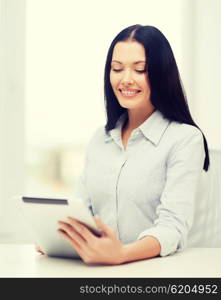 office, business, education, technology and internet concept - smiling businesswoman or student with tablet pc