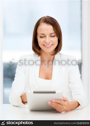office, business, technology and internet concept - businesswoman with tablet pc in office
