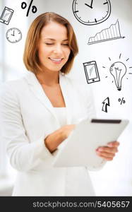 office, business, technology and internet concept - businesswoman with tablet pc in office