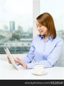 office, business, technology and internet concept - smiling businesswoman with tablet pc and coffee in office