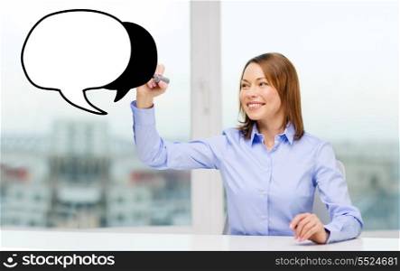 office, business, technology concept - businesswoman drawing blank text bubble