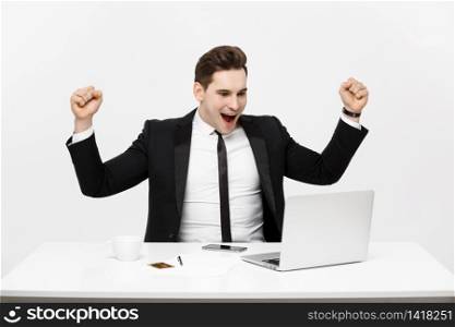 Office, business, technology, finances and internet concept - smiling businessman with laptop computer and documents at office isolated over white background. Office, business, technology, finances and internet concept - smiling businessman with laptop computer and documents at office isolated over white background.