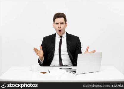 Office, business, technology, finances and internet concept - smiling businessman with laptop computer and documents at office isolated over white background. Office, business, technology, finances and internet concept - smiling businessman with laptop computer and documents at office isolated over white background.