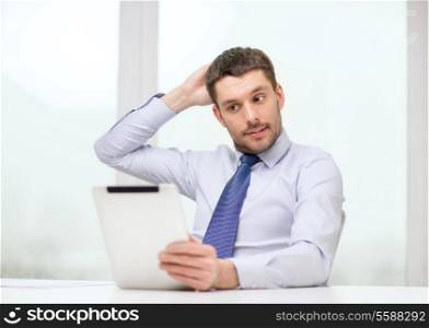 office, business, technology, finances and internet concept - stressed businessman with tablet pc computer and documents at office