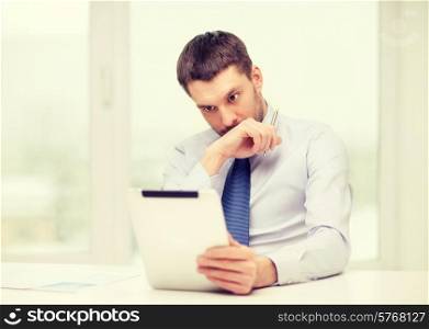 office, business, technology, finances and internet concept - stressed businessman with tablet pc computer and documents at office