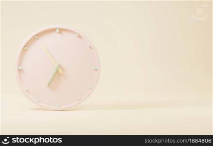 Office clock icon. Round business pink watches with time arrows hour and minutes, clock face on pastel background, design element for web design, 3D rendering illustration