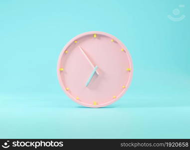 Office clock icon. Round business pink watches with time arrows hour and minutes, clock face on blue background, design element for web design, 3D rendering illustration