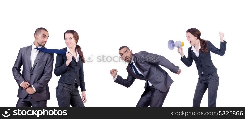Office conflict between man and woman isolated on white