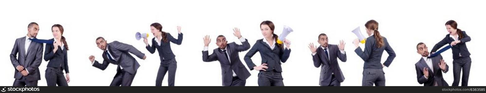 Office conflict between man and woman isolated on white
