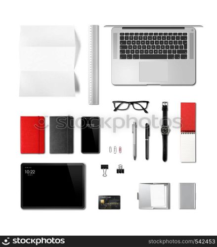 Office desk branding mockup top view isolated on white. Blank space. Office desk branding mockup top view isolated on white