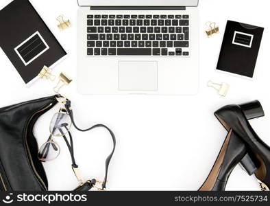 Office desk. Notebook, supplies, feminine accessories on white background. Fashion flat lay for blogger social media