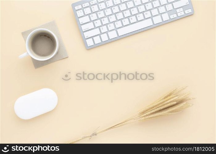 Office desk table top view with office supply, Beige table with copy space, Beige color workplace composition, flat lay