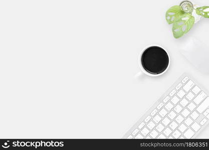 Office desk table top view with office supply, white table with copy space, White color workplace composition, flat lay