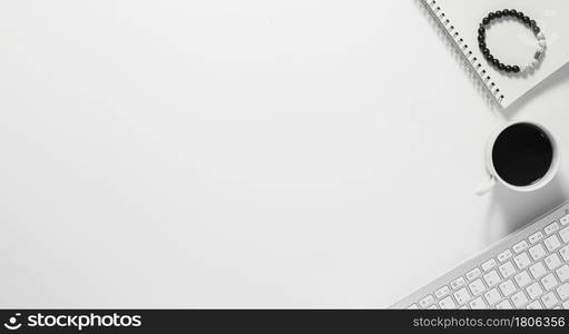 Office desk table top view with office supply, white table with copy space, White color workplace composition, flat lay