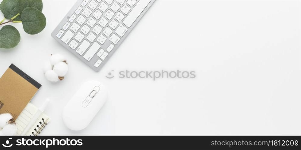 Office desk table top view with office supply, white table with copy space, White color workplace composition, flat lay