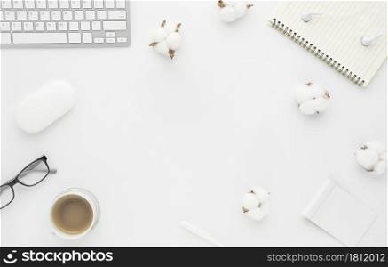 Office desk table top view with office supply, white table with copy space, White color workplace composition, flat lay