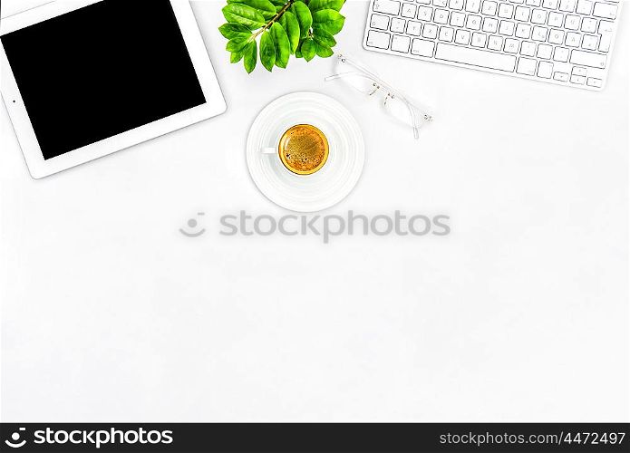 Office desk with coffee, keyboard, tablet pc. Flat lay. Mock up for social media blogger