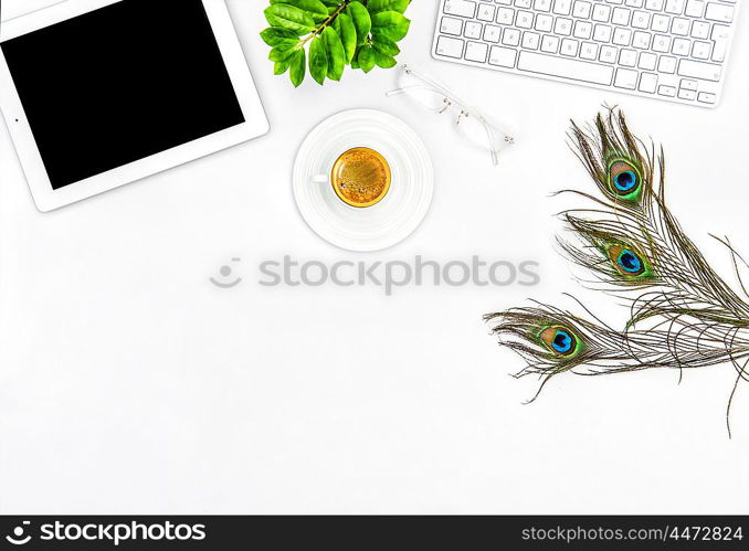 Office desk with coffee, keyboard, tablet pc. Flat lay. Mock up for social media blogger