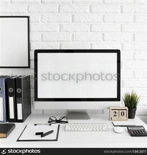 office desk with computer screen keyboard. High resolution photo. office desk with computer screen keyboard. High quality photo
