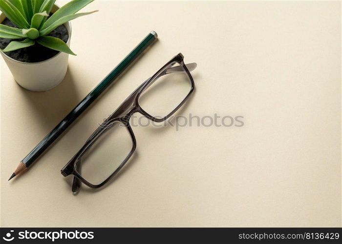 Office desk with copy space. home office. Glasses and pen on office desk top view