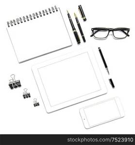 Office desk with digital phone and tablet pc on white background. Minimalistic flat lay