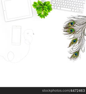 Office desk with keyboard, tablet pc screen, phone, peacock feather, green plant. Flat lay. Mock up white background