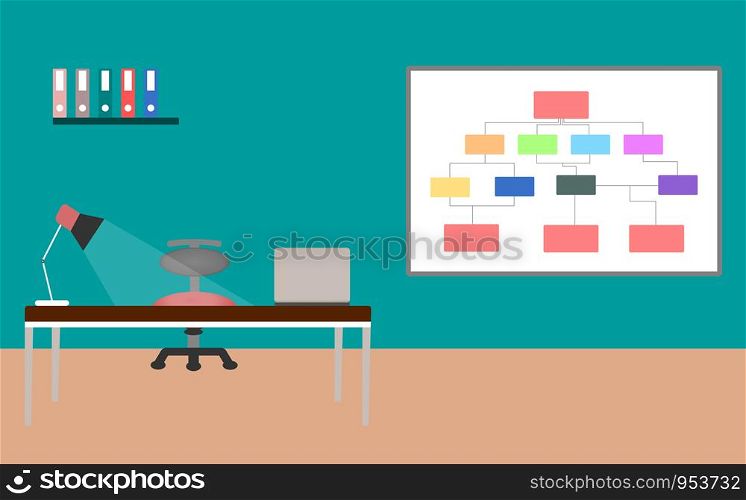 Office desk with laptop and lamp interior design over color background. vector illustration.