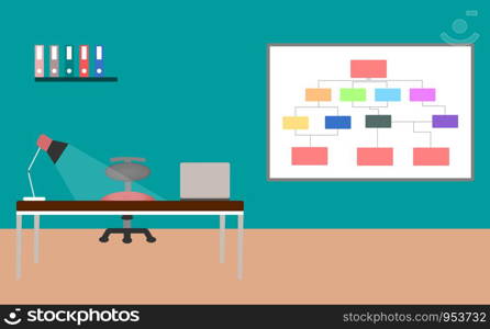 Office desk with laptop and lamp interior design over color background. vector illustration.