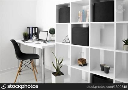 office desk with laptop device chair shelf. Resolution and high quality beautiful photo. office desk with laptop device chair shelf. High quality beautiful photo concept